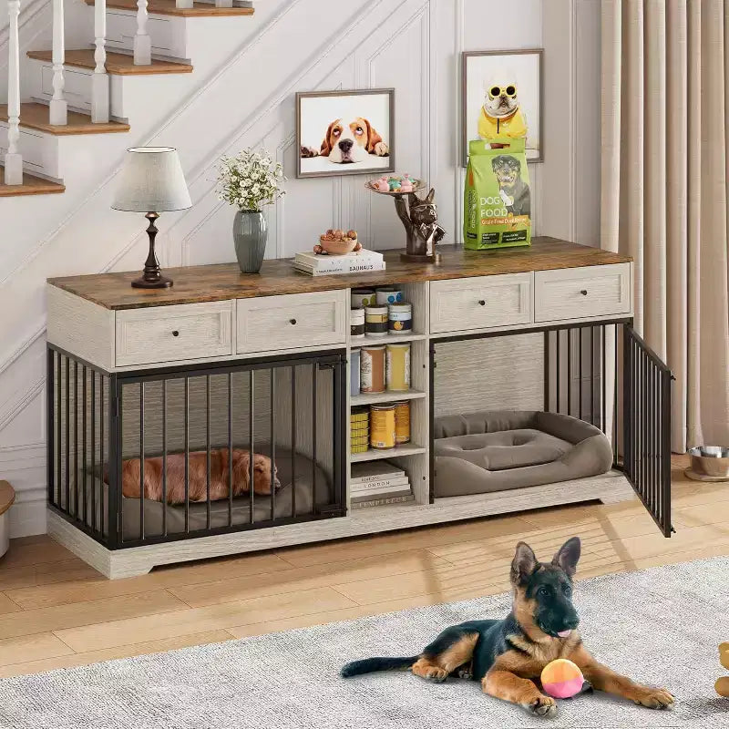82-delige dubbele hondenbench, grote binnenkennel voor 2 honden, robuuste houten hondenbench en tv-meubel met 4 laden en planken