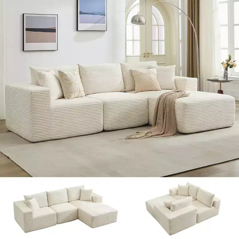 108 Nowoczesna sofa, 3-osobowa sofa tapicerowana w kształcie litery L z poduszkami, sofa z głębokim siedziskiem, bez konieczności montażu