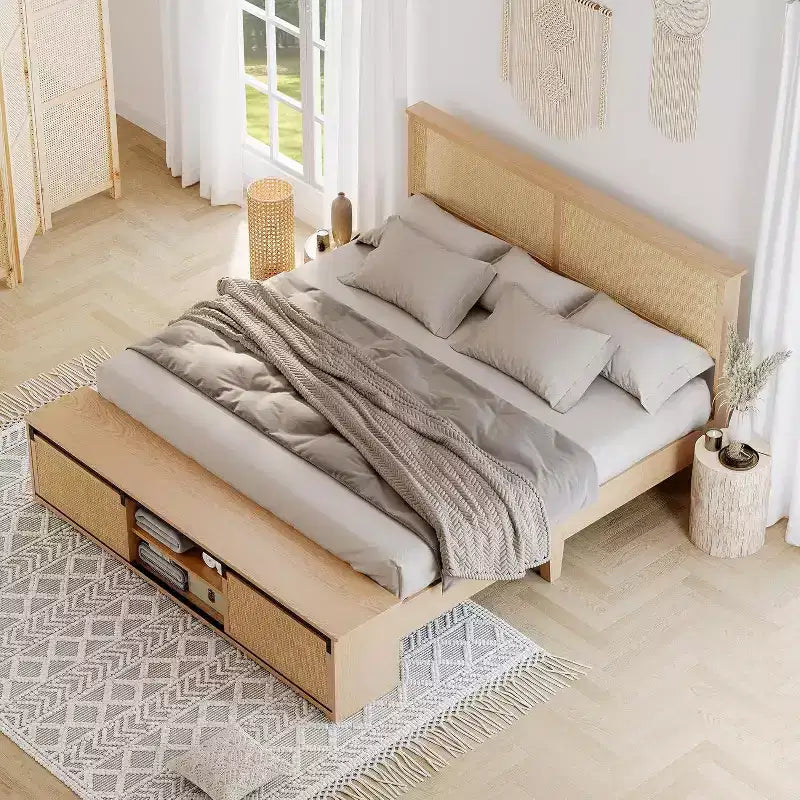 Łóżko boho w stylu farmhouse z naturalnego rattanu, ze schowkiem z przesuwnymi drzwiami stodołowymi i zagłówkiem z oświetleniem LED, z nogami z litego drewna