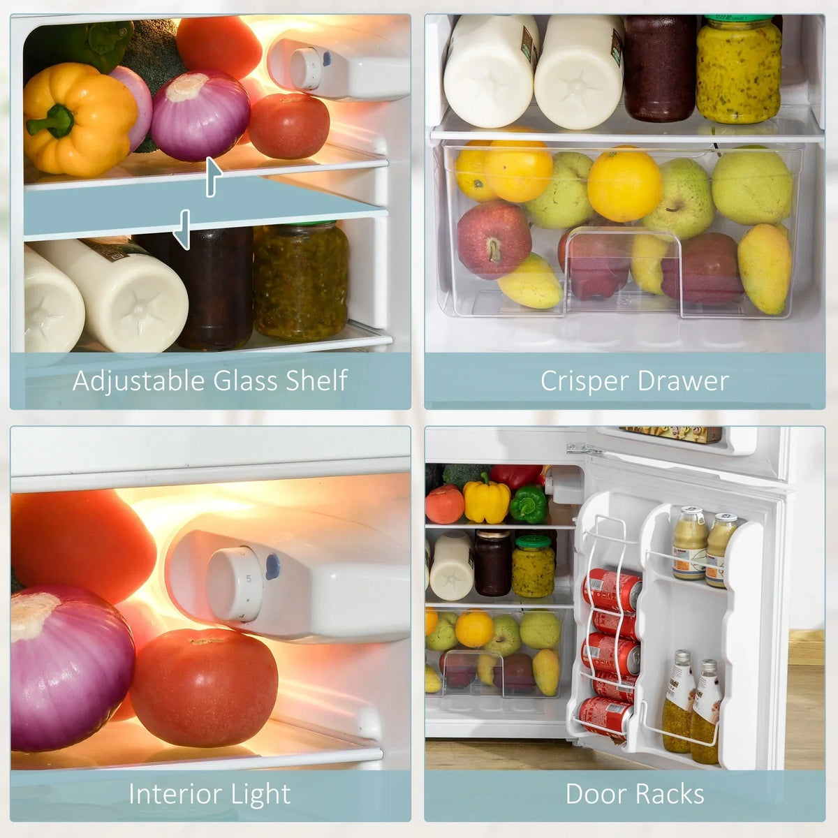 HOMCOM Mini-Kühlschrank mit Doppeltür und Gefrierfach, kompakter Kühlschrank mit 3,2 Kubikfuß Fassungsvermögen, verstellbarem Einlegeboden und verstellbarem Thermostat