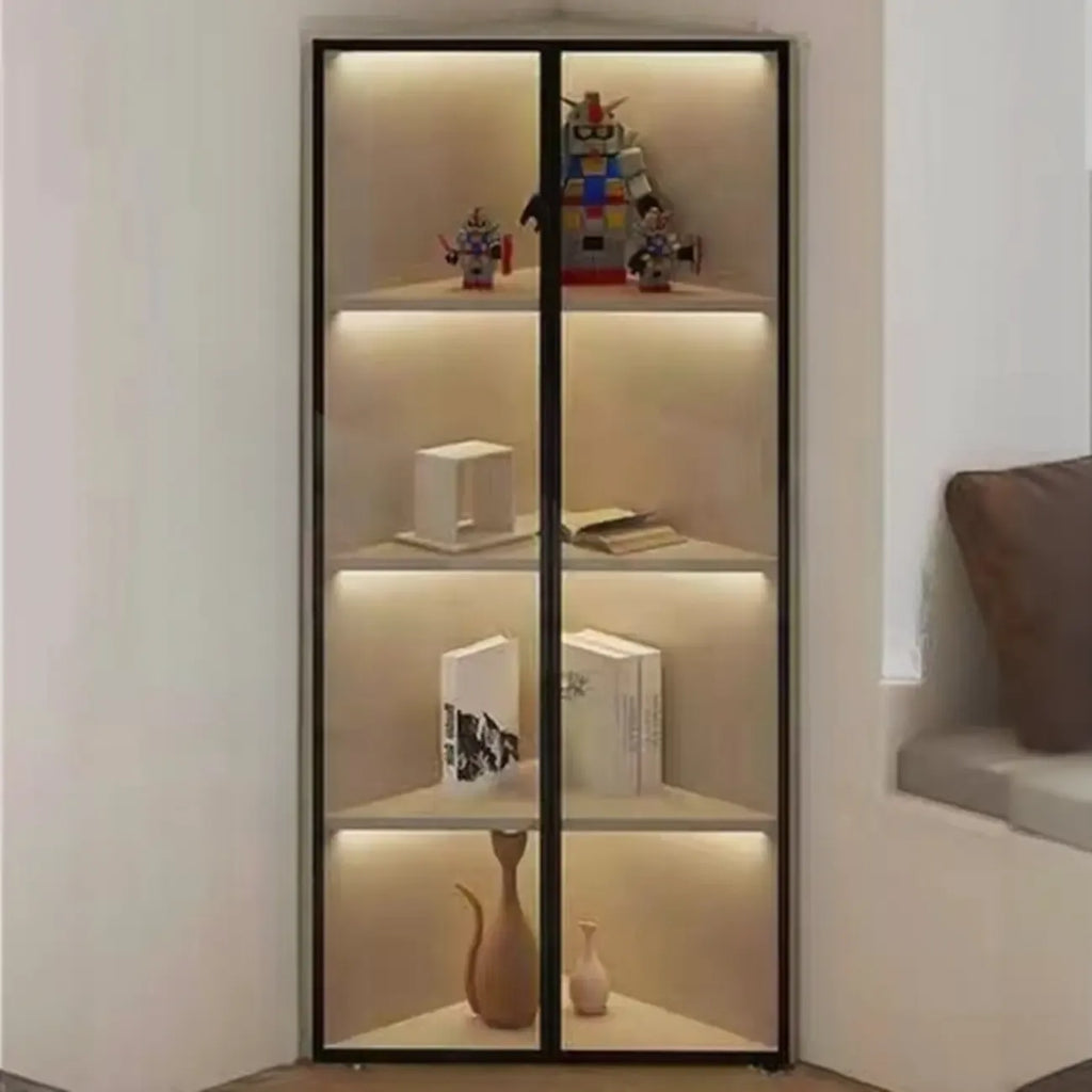 Vitrine de canto moderna em metal e madeira cinzenta com porta de vidro