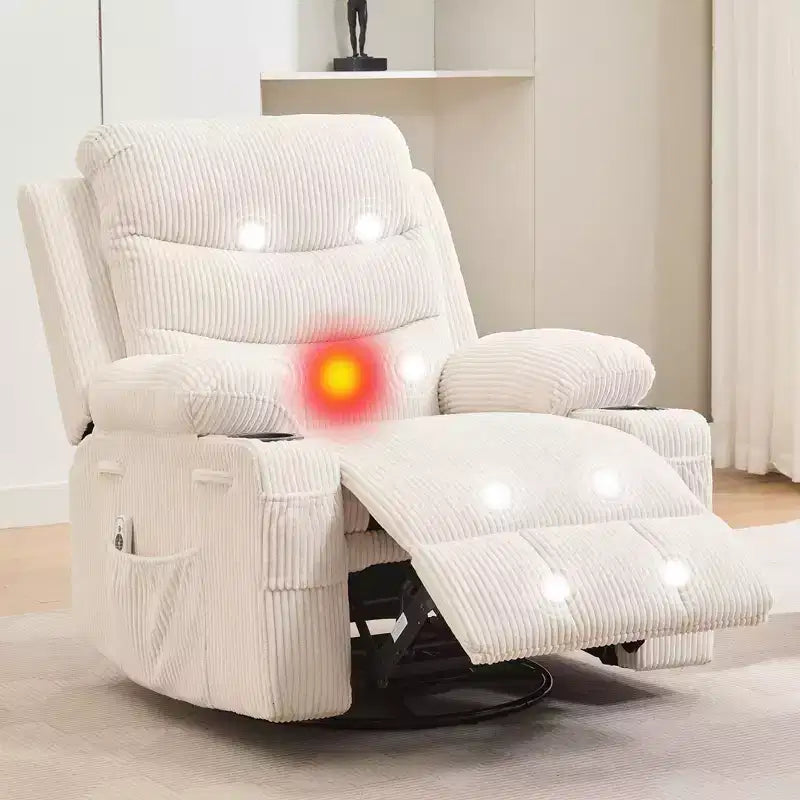 Obrotowy fotel bujany z funkcją masażu i podgrzewaniem, fotel typu glider 360° z uchwytami na kubki i bocznymi kieszeniami, ergonomiczna sofa wypoczynkowa do salonu, kampera, pokoju dziecięcego