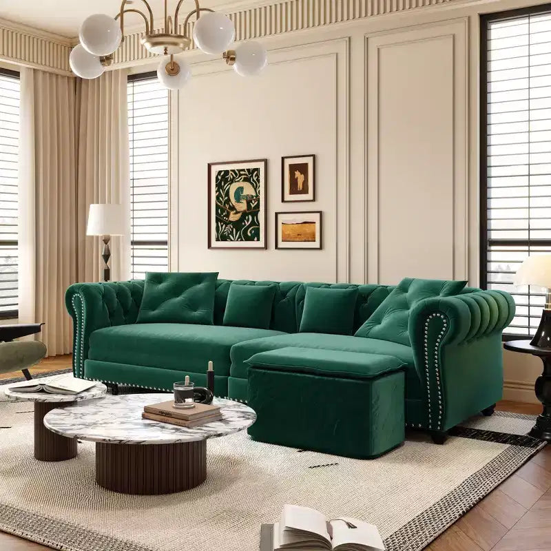 Rozkładana sofa 3 w 1 Whisen Velvet typu king-size z ruchomym podnóżkiem i pikowanym wzorem