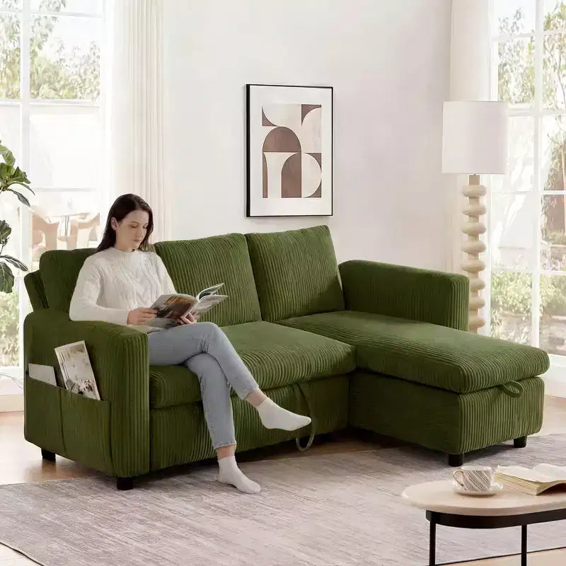 Dyonery Rozkładana sofa 2 w 1 z szezlongiem z pojemnikiem na pościel, sztruksowy narożnik z portami USB do salonu