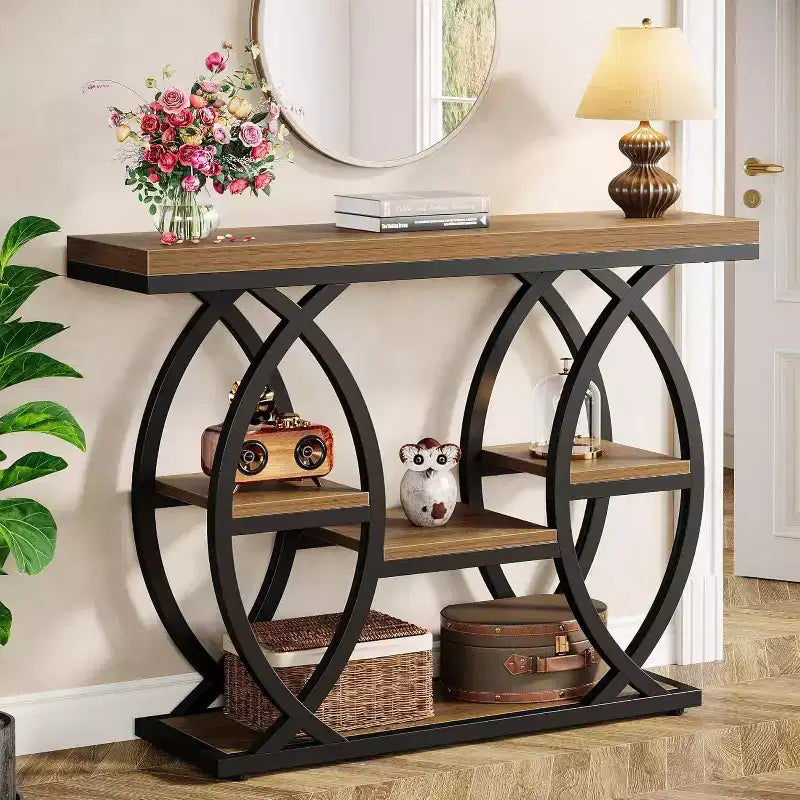Stolik konsolowy Lantine 39.4, industrialny 4-poziomowy stolik za kanapę, stolik do przedpokoju z półkami do przechowywania i metalową ramą do małych pomieszczeń, korytarza, holu, brązowy