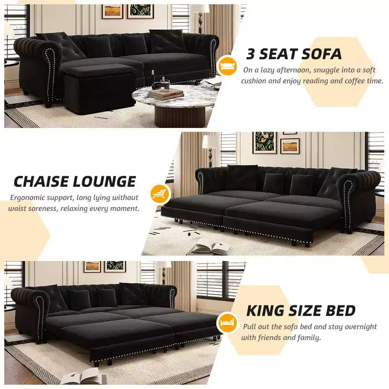 Rozkładana sofa 3 w 1 Whisen Velvet typu king-size z ruchomym podnóżkiem i pikowanym wzorem