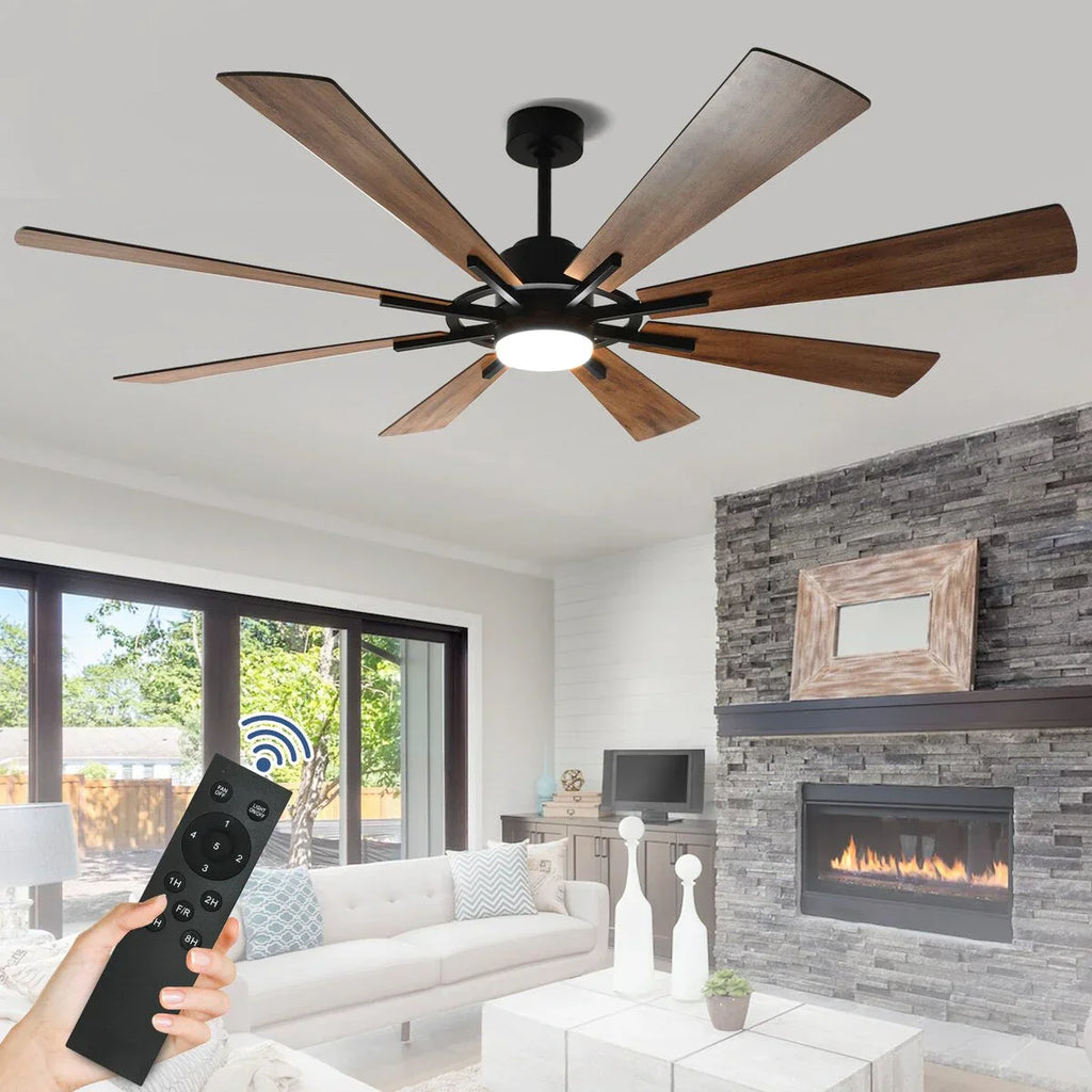 Grand ventilateur de plafond télécommandé avec éclairage et 8 grandes pales en bois