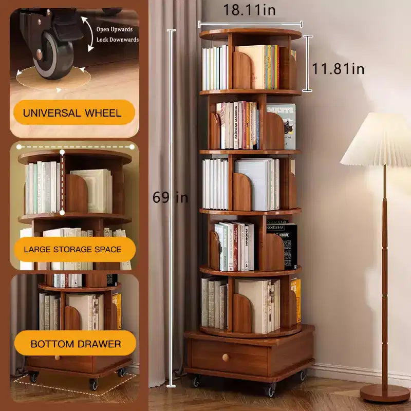 Chic Crate smalle hoekboekenkast met 6 niveaus, 360° draaibaar en voorzien van wielen, voor kleine ruimtes, walnootbruin