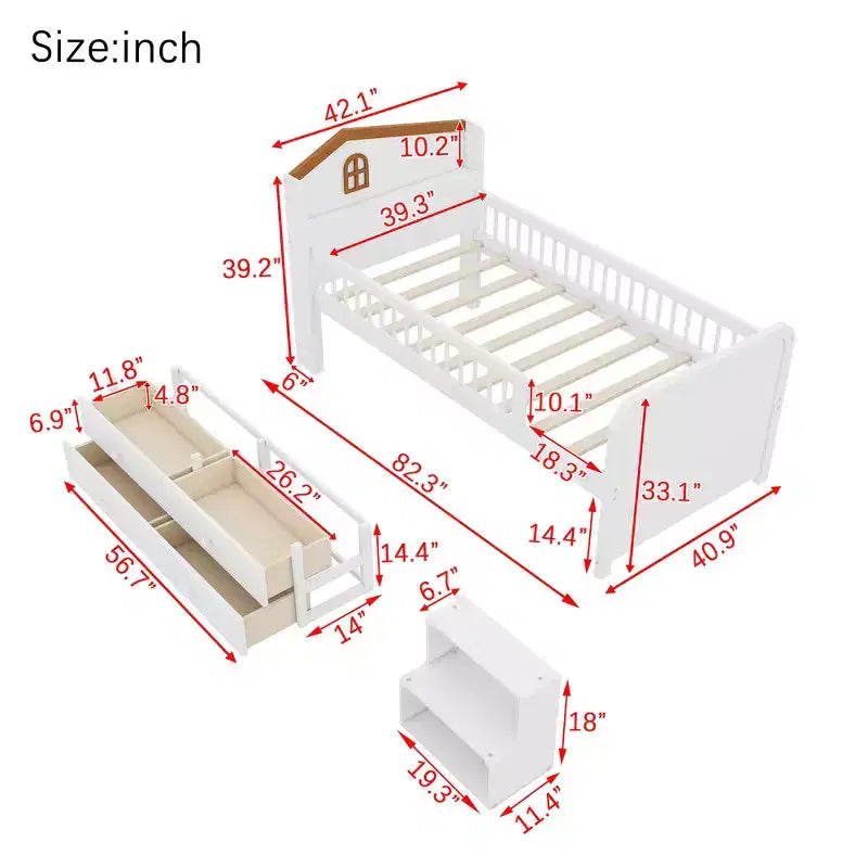 Whisen niedriges Hochbett für eine Einzelmatratze mit LED-Beleuchtung, Kopfteil in Hausform und Staubladen, robuste Konstruktion