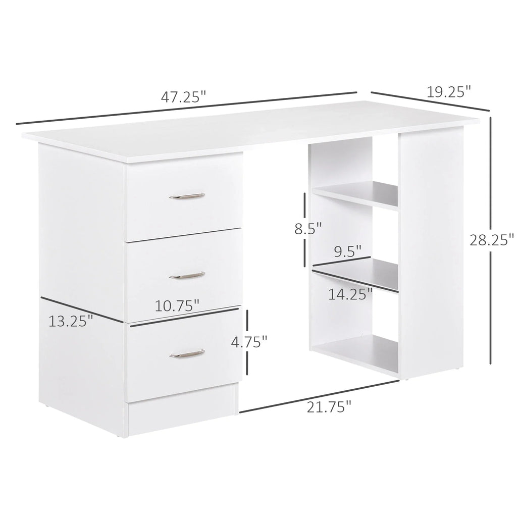 HOMCOM 47 moderner Schreibtisch fürs Homeoffice mit Bücherregal, Schreibfläche und Arbeitsplatz, 3 Schubladen und Ablagefach – Weiß