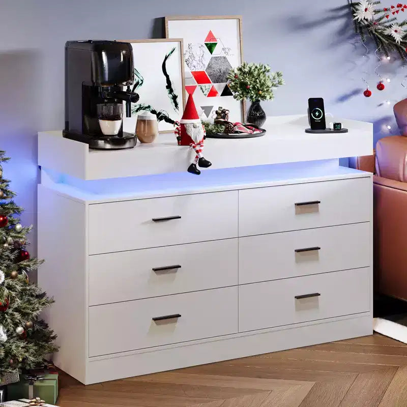Mobile TV moderno con 6 cassetti e luci LED, bancone sospeso e zona caffè per soggiorno, centro d'intrattenimento