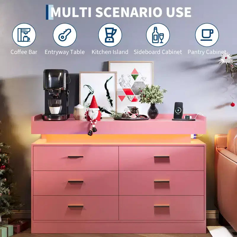 Mobile TV moderno con 6 cassetti e luci LED, bancone sospeso e zona caffè per soggiorno, centro d'intrattenimento