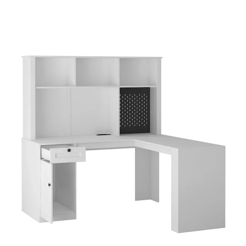 L Shaped Desk with outlet, Computer Desk with Drawers, Bookshelf & Hutch, Modern Corner Desk, Home Office Desk