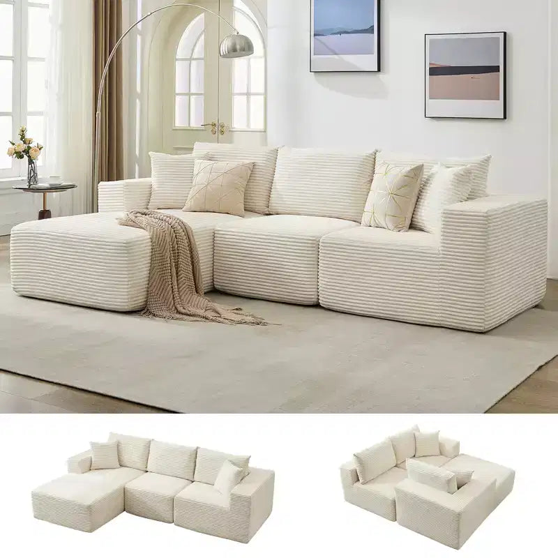 108 Nowoczesna sofa, 3-osobowa sofa tapicerowana w kształcie litery L z poduszkami, sofa z głębokim siedziskiem, bez konieczności montażu
