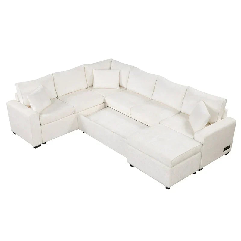 Ecksofa aus Chenille, ausziehbares Schlafsofa in L-Form mit Aufbewahrungshocker, 3 Kissen und Ladegeräten