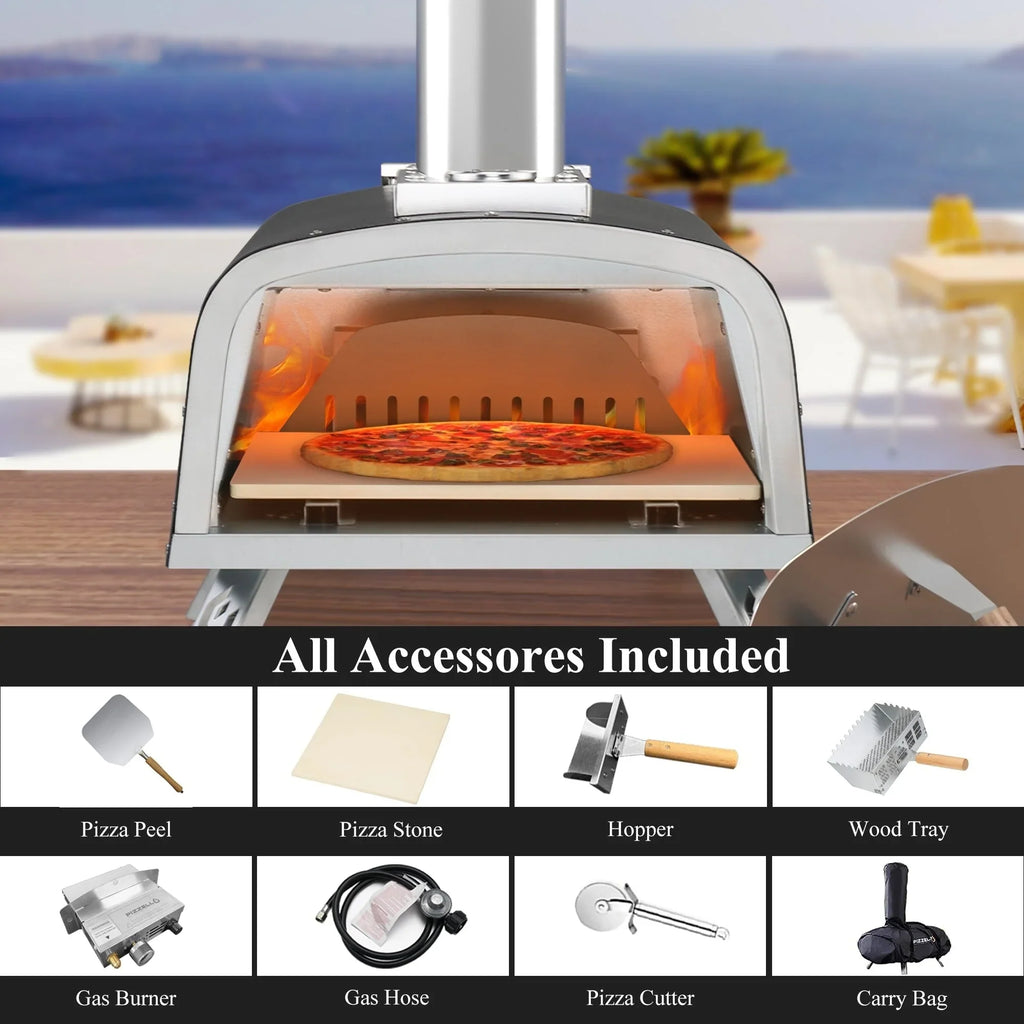 Multibrennstoff-Pizzaofen für den Außenbereich, Steinofen-Pizzaofen mit Gasbrenner und Holzfach – 12 Zoll