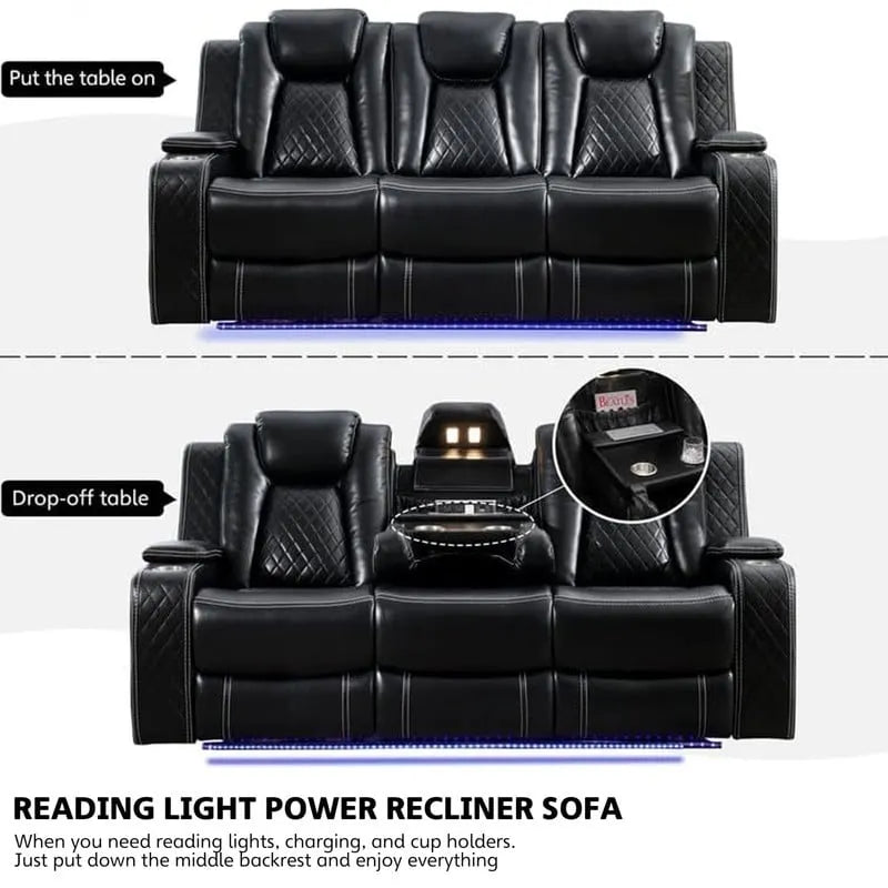 Elektrisch verstellbares Sofa mit kabellosem Ladegerät, Leselampe für das Wohnzimmer, Kunstleder, LED-Beleuchtung, AC-/USB-Anschluss und Getränkehalter, Schwarz