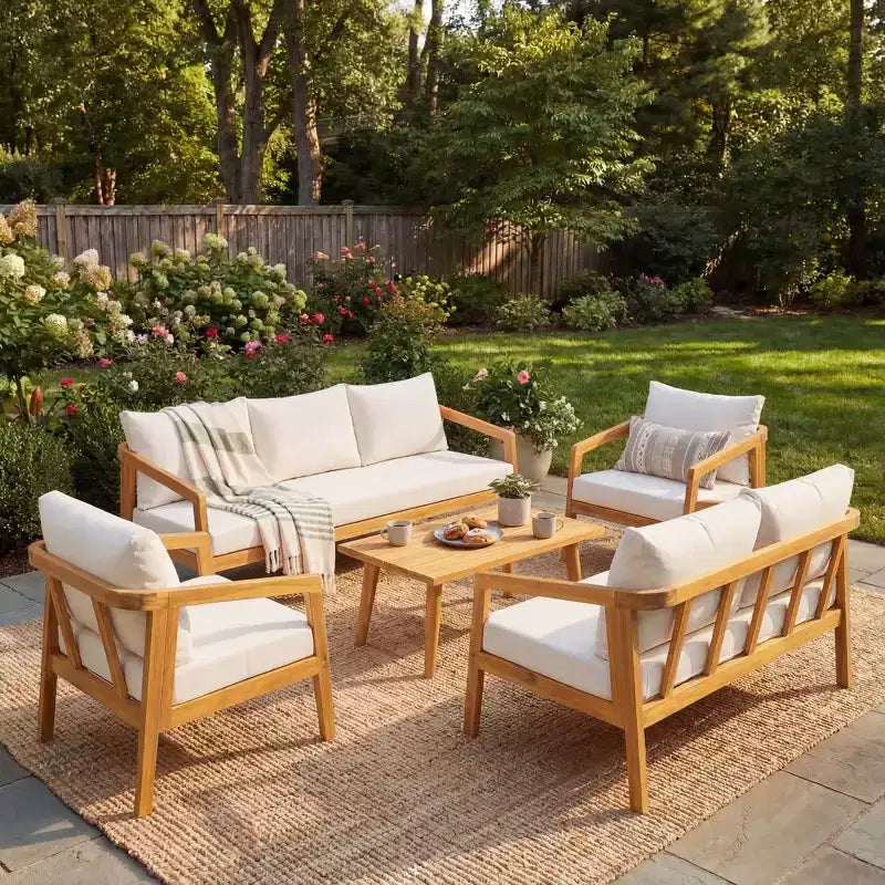 Ensemble de sièges d’extérieur moderne Christopher Knight Home Sunny 5 pièces en acacia, avec table rectangulaire à lattes et 7 places