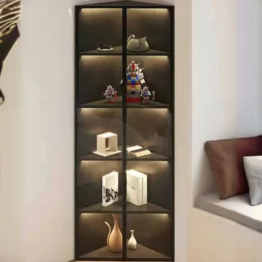 Vitrine de canto moderna em metal e madeira cinzenta com porta de vidro