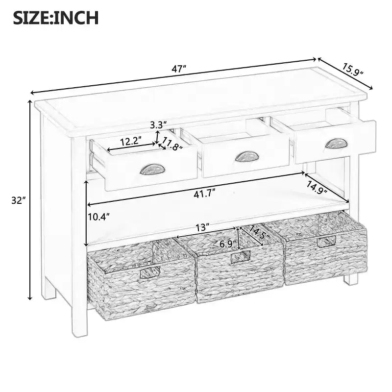 Konsola do przedpokoju z miejscem do przechowywania, stół w stylu farmhouse z 3 szufladami i 3 koszami z hiacynta wodnego do salonu lub foyer – Panipeachy