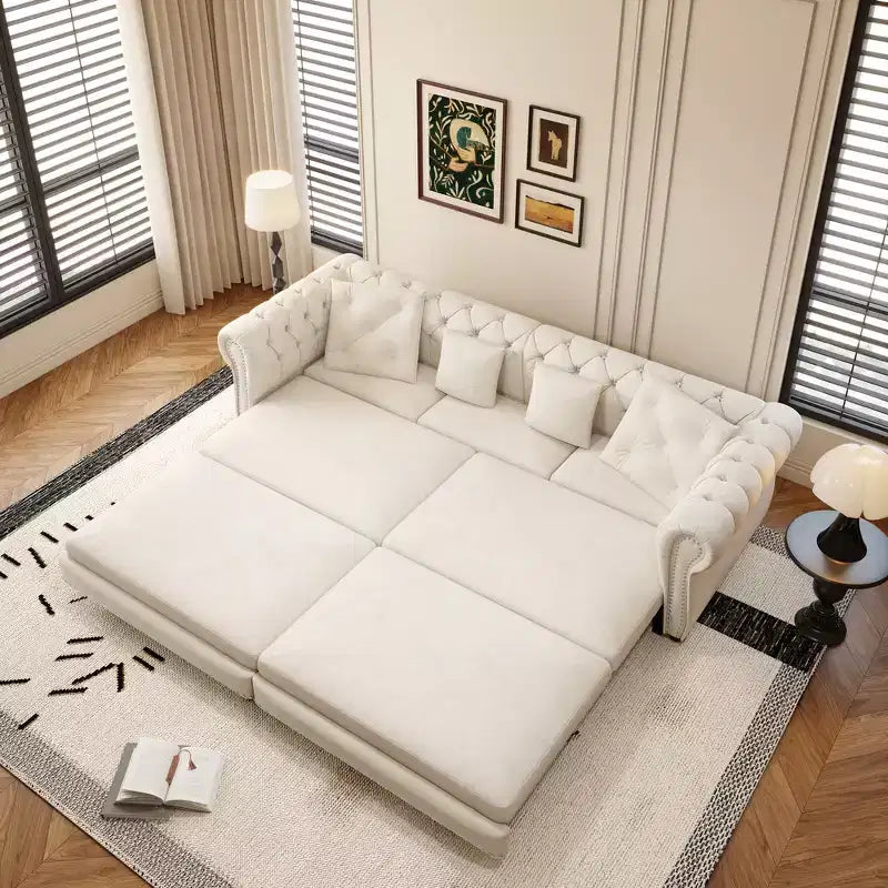 Rozkładana sofa 3 w 1 Whisen Velvet typu king-size z ruchomym podnóżkiem i pikowanym wzorem