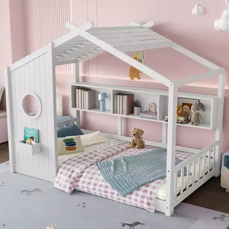 Hausbett mit Plattformrahmen in Twin-/Full-Size, Kleinkind-Bodenbett, Montessori-Kinderbett und Spielhausbett mit Ablage – ModernLuxe