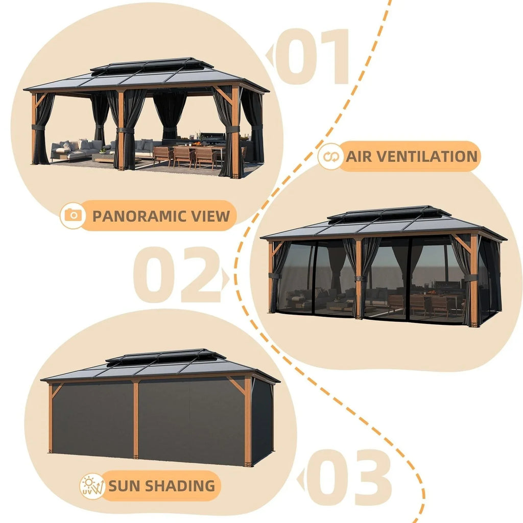 EROMMY prieel met hard dak, pergola voor buiten met dubbel dak, netten en gordijnen, robuuste overkapping voor terras, achtertuin en zwembadfeestjes