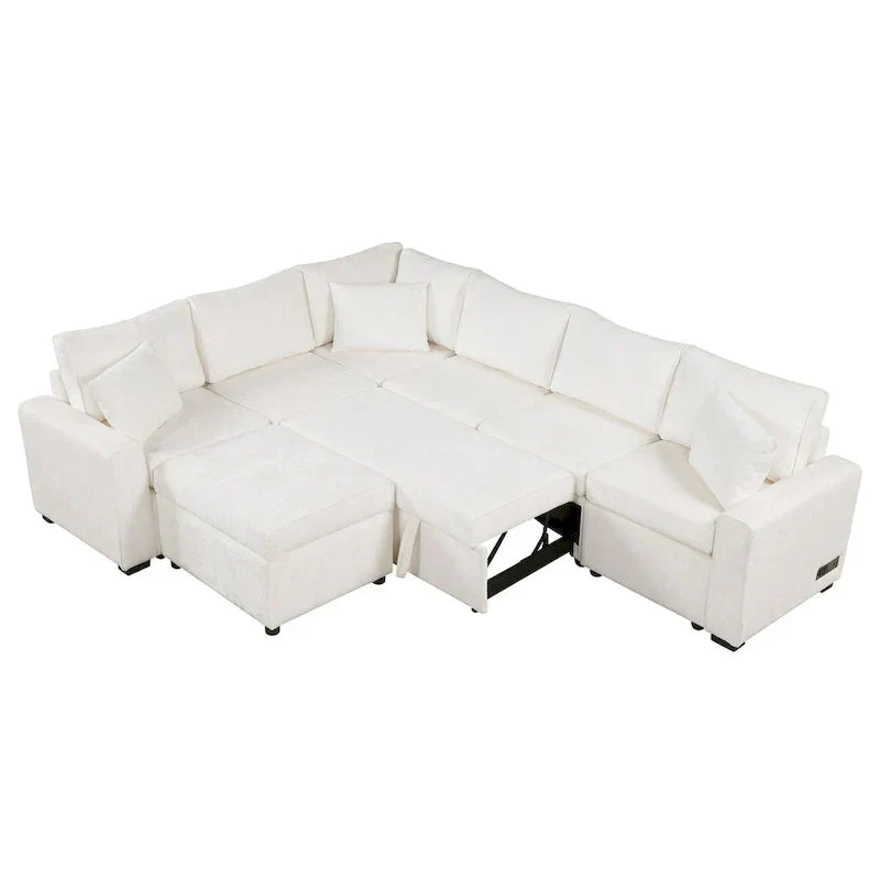 Ecksofa aus Chenille, ausziehbares Schlafsofa in L-Form mit Aufbewahrungshocker, 3 Kissen und Ladegeräten