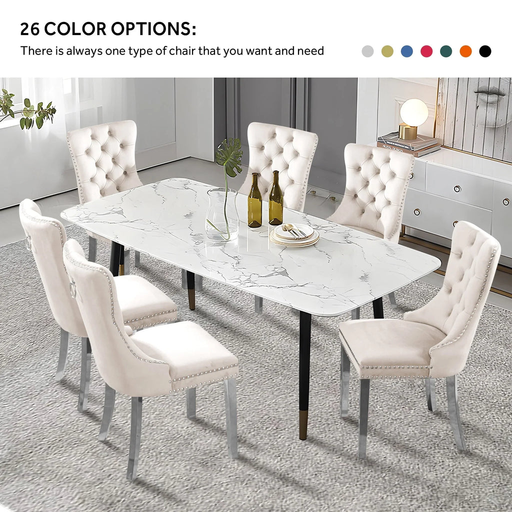 Set di 6 sedie da pranzo imbottite in velluto capitonné con gambe in legno massello