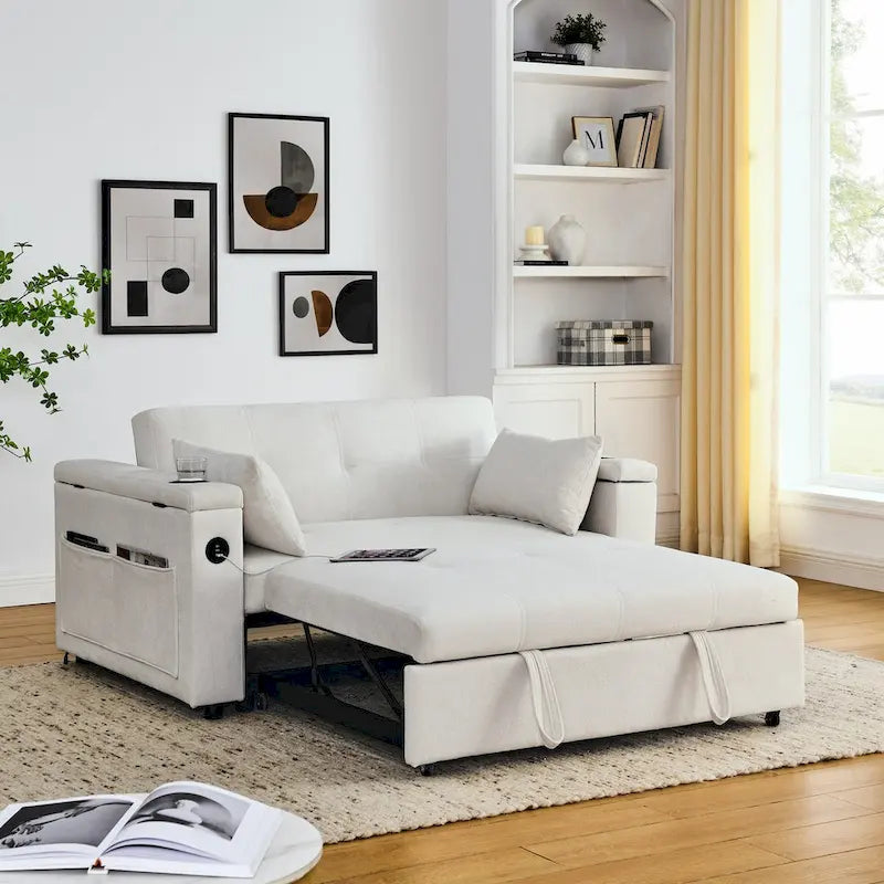 Canapé-lit escamotable 54, canapé-lit inclinable 2 places avec rangement, coussin lombaire et prise USB