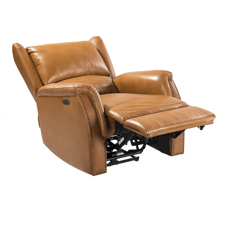 Fauteuil inclinable électrique en cuir véritable avec port USB - dossier haut à oreilles et clous décoratifs, lot de 2