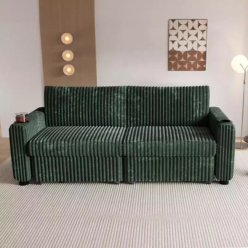 Dyonery 91: narożna sofa z funkcją spania, wysuwanym łóżkiem, rozkładanym oparciem, dwoma wysuwanymi łóżkami, portami USB i uchwytami na kubki, z miękkiego sztruksu