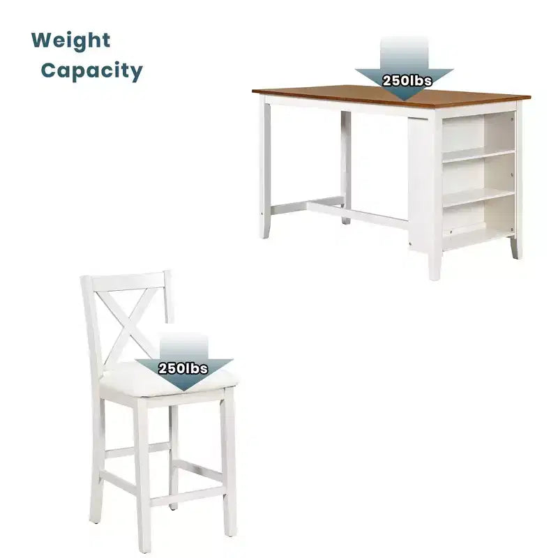 Ensemble Homy Casa de table à manger et chaises à hauteur de comptoir en 5 pièces avec étagères de rangement, blanc et noyer, style ferme moderne