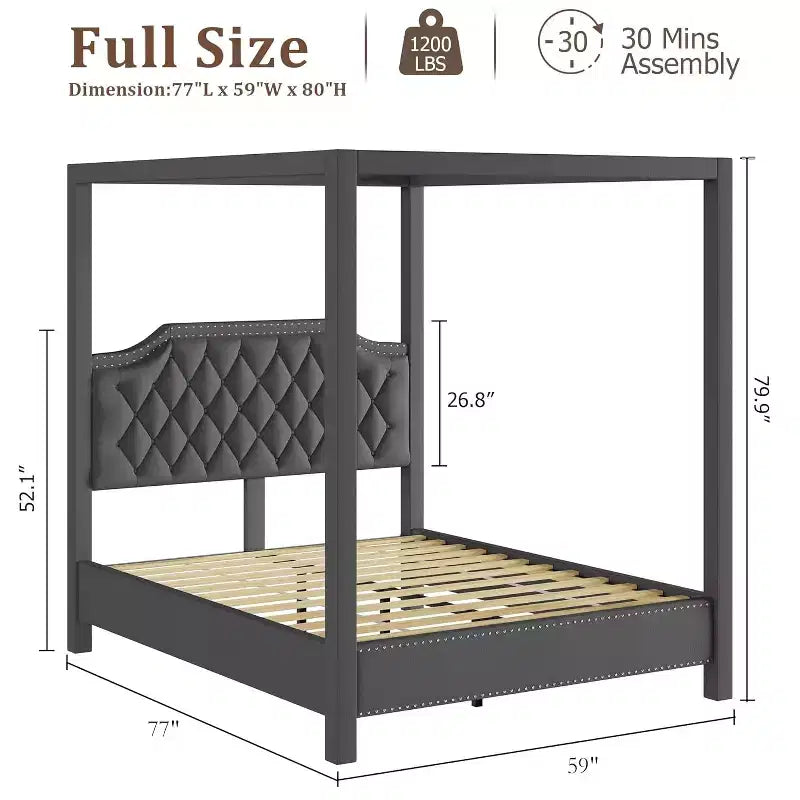 Cadre de lit à baldaquin Queen Size avec poteaux et supports d’angle à 4 coins, lattes en bois massif, sans sommier requis, silencieux