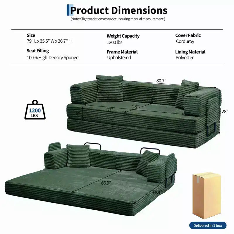 80.7 5-in-1 Convertible Sleeper Sofa Bed â€?Corduroy, 1200 lbs, No Assembly