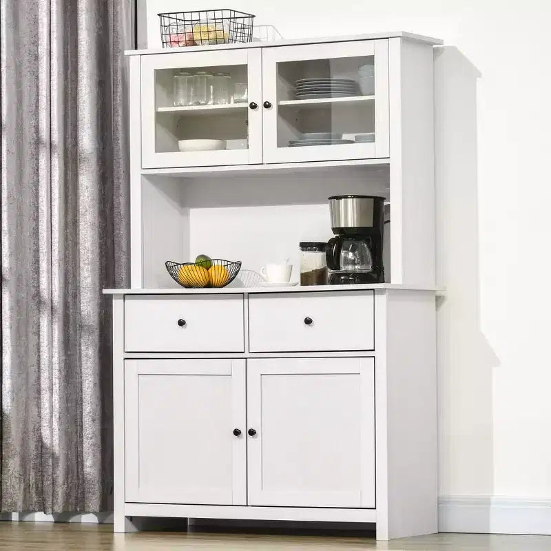 HOMCOM keukenbuffet van 63,5 inch met opzetkast, voorraadkast met 4 planken, laden, glazen deuren met frame en open werkblad voor magnetron