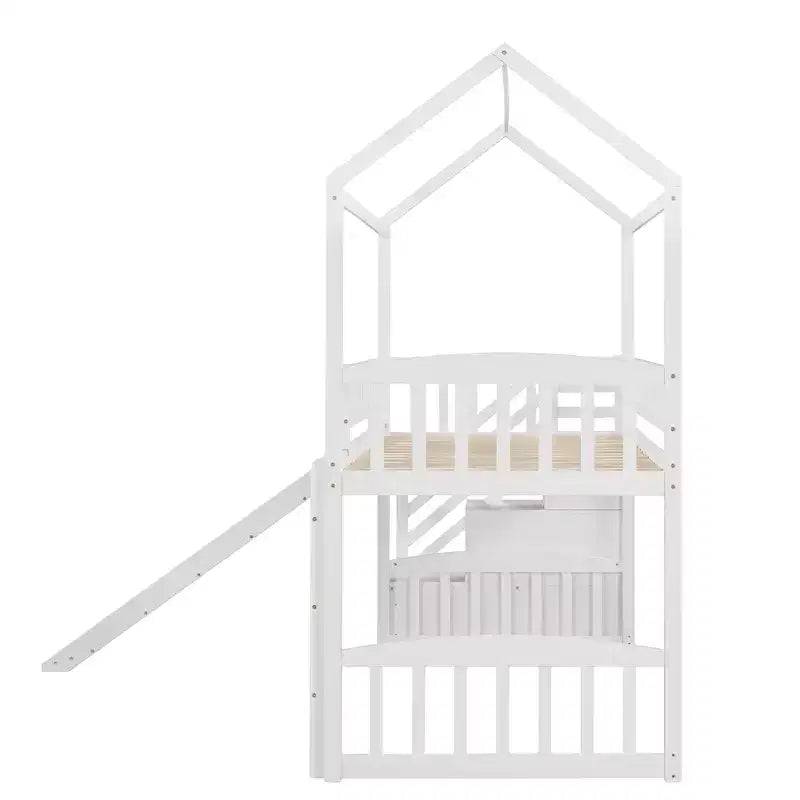 Hochbett in Hausform für zwei Personen mit Rutsche und Treppe, Hochbett mit Stauraumschubladen, Holzhütten-Hochbett für Kinder und Kleinkinder