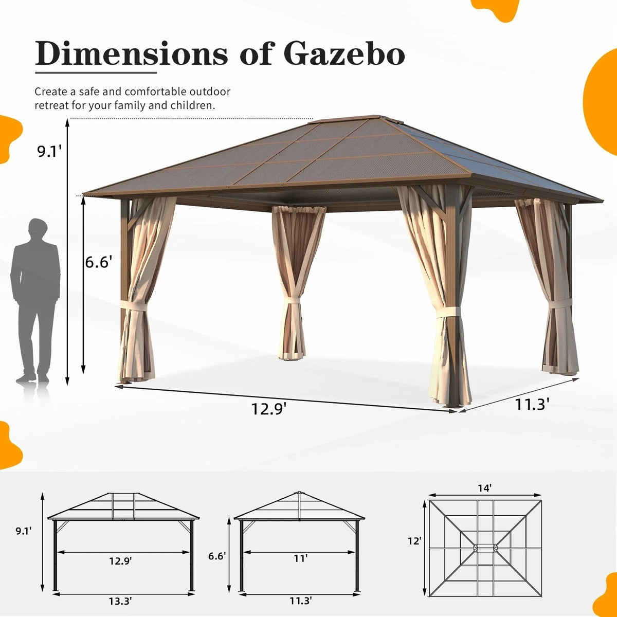 EROMMY prieel met hard dak, pergola voor buiten met dubbel dak, netten en gordijnen, robuuste overkapping voor terras, achtertuin en zwembadfeestjes
