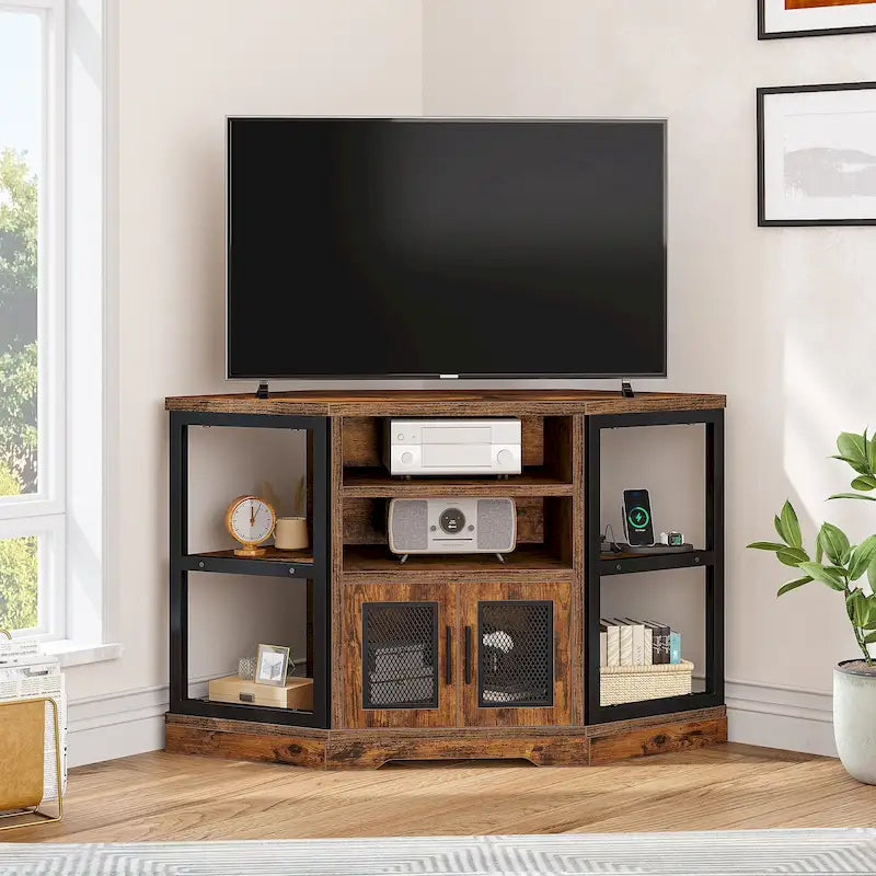 Eck-TV-Ständer im Landhausstil, Entertainment-Center und Medienkonsole für Fernseher bis 55 Zoll mit Steckdose