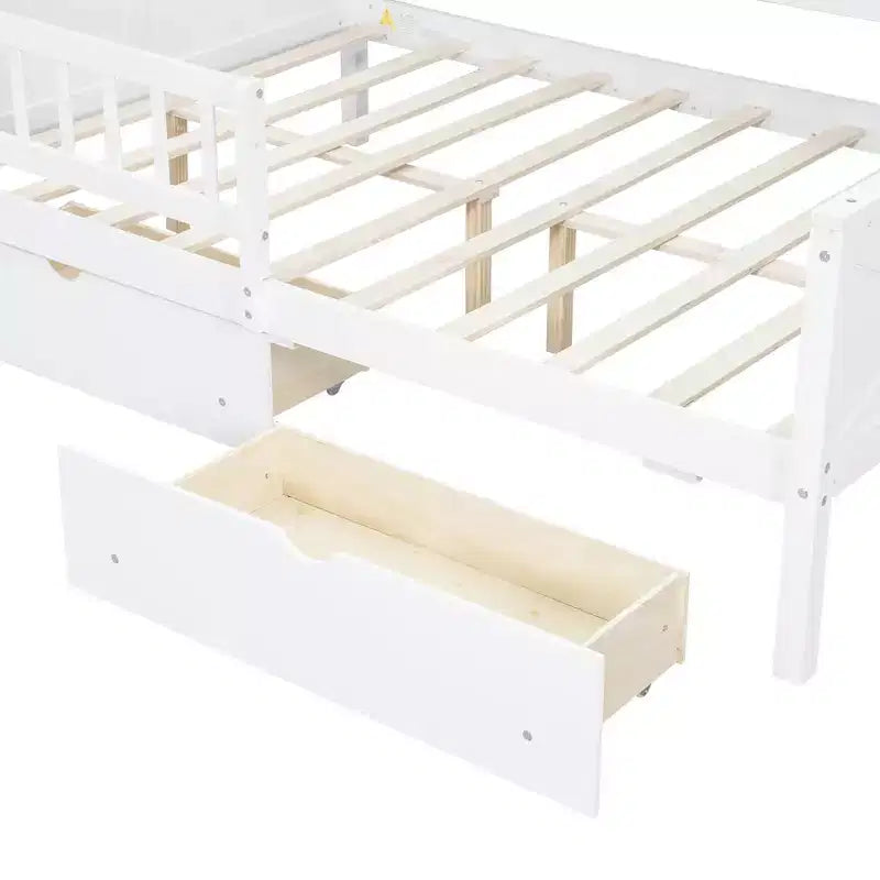 Huisbedframe voor een tweepersoonsbed met laden, huisplatformbed met ledverlichting, opbergplanken en laden, houten dagbed met dak en veiligheidshekje