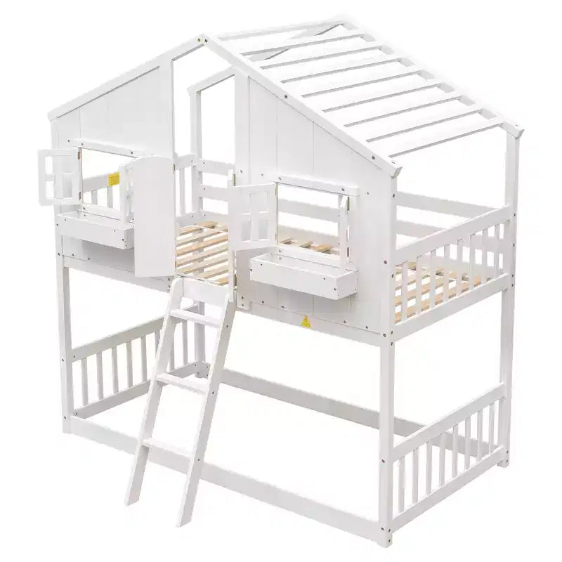 Hochbett in Einzelbettgröße in Hausform, hölzernes Spielhaus-Hochbett mit Leiter und Absturzsicherungen für Kinder