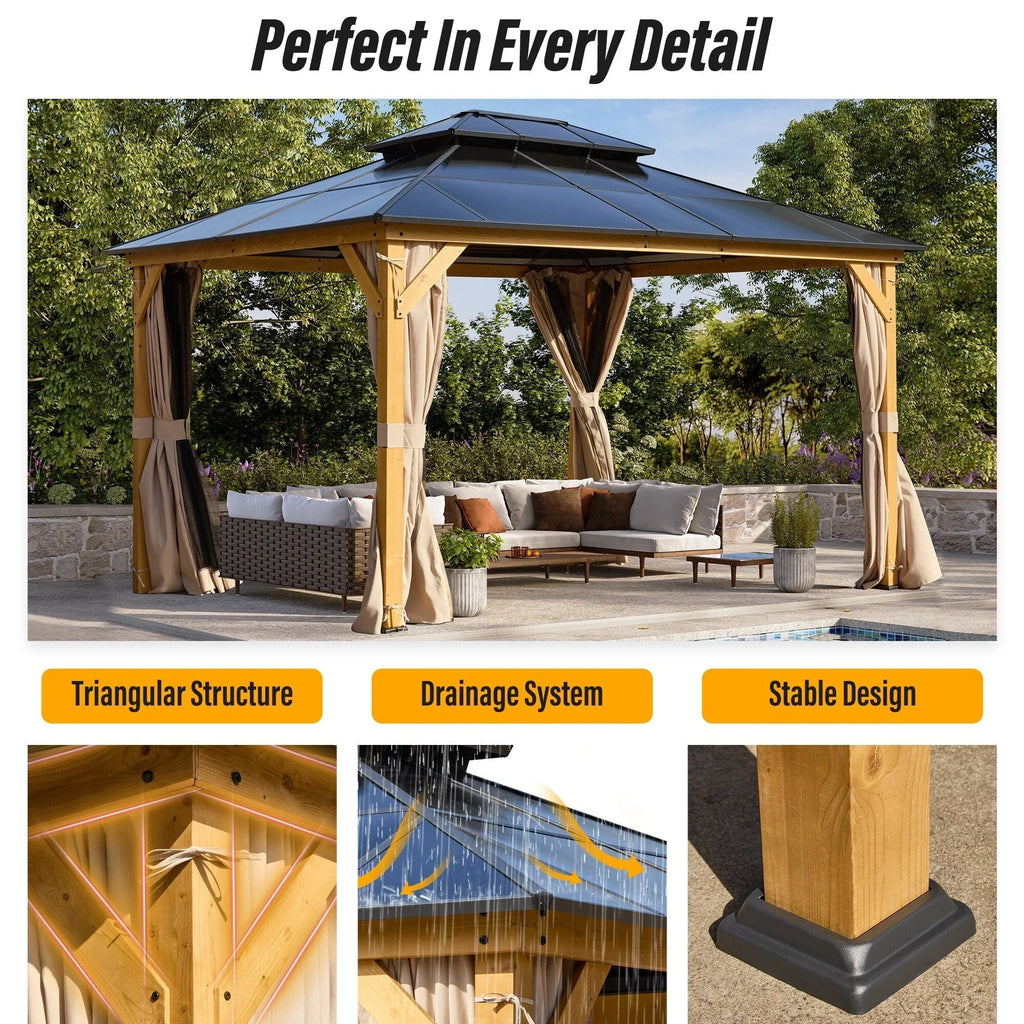 EROMMY prieel met hard dak, pergola voor buiten met dubbel dak, netten en gordijnen, robuuste overkapping voor terras, achtertuin en zwembadfeestjes