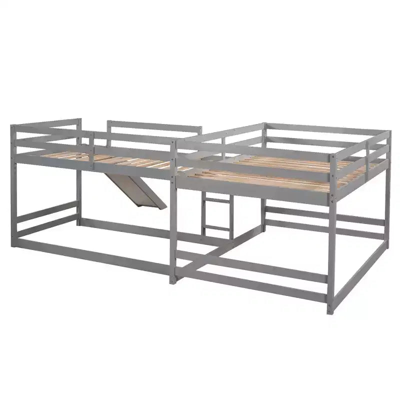 Lit superposé en L pour 4 enfants, lit superposé quadruple avec toboggan, structure en bois avec couchage double et simple pour chambre ou dortoir