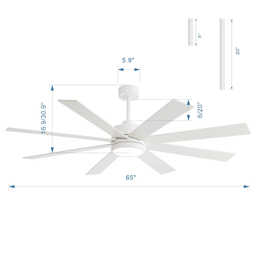 Ventilateur de plafond noir de 65 po à 8 pales avec lumière et télécommande