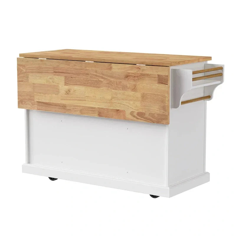 Grande isola da cucina con piano ribaltabile in legno, carrello da cucina con texture goffrata, ante e cassetti, spazio contenitore, bianca