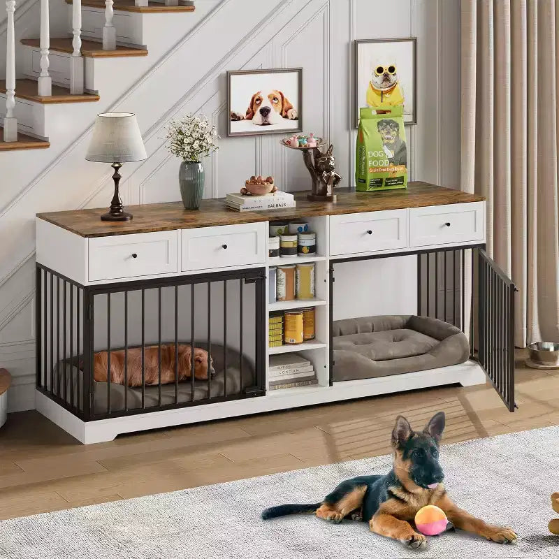 82-delige dubbele hondenbench, grote binnenkennel voor 2 honden, robuuste houten hondenbench en tv-meubel met 4 laden en planken