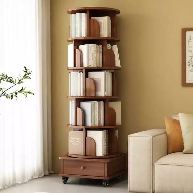 Chic Crate smalle hoekboekenkast met 6 niveaus, 360° draaibaar en voorzien van wielen, voor kleine ruimtes, walnootbruin
