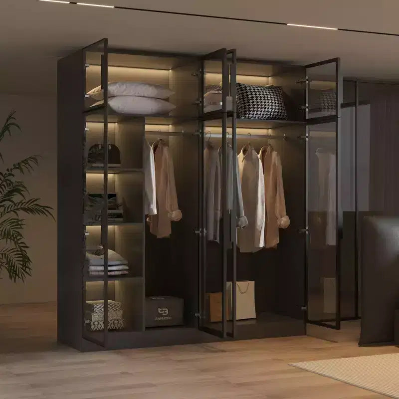 Roupeiro de luxo Pure preto da Hitow, com portas de vidro temperado, luzes LED de 3 cores, organizador de quarto do chão ao teto, closet e vestiário