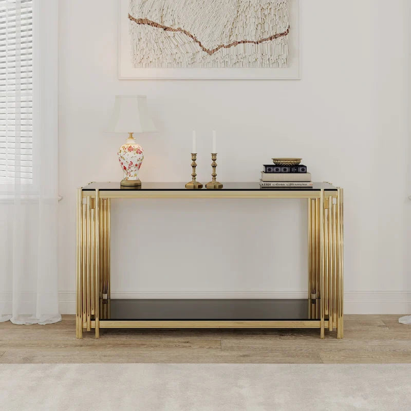 Narrow 2-tier Console Table with Gold Finished Metal Frame and Tempered Glass Top