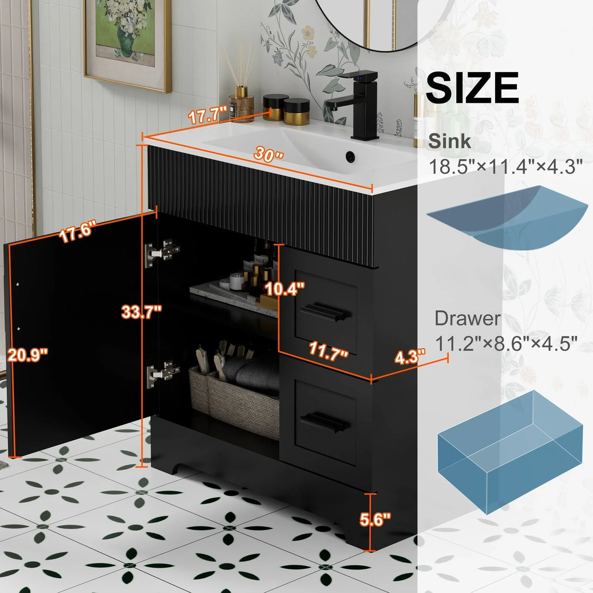 Conjunto de móvel de casa de banho Wavy Line 30/36/48 com lavatório e torneira